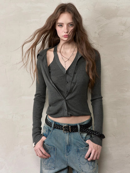 Layered Placket Faux Two-Piece Knit Cardgian