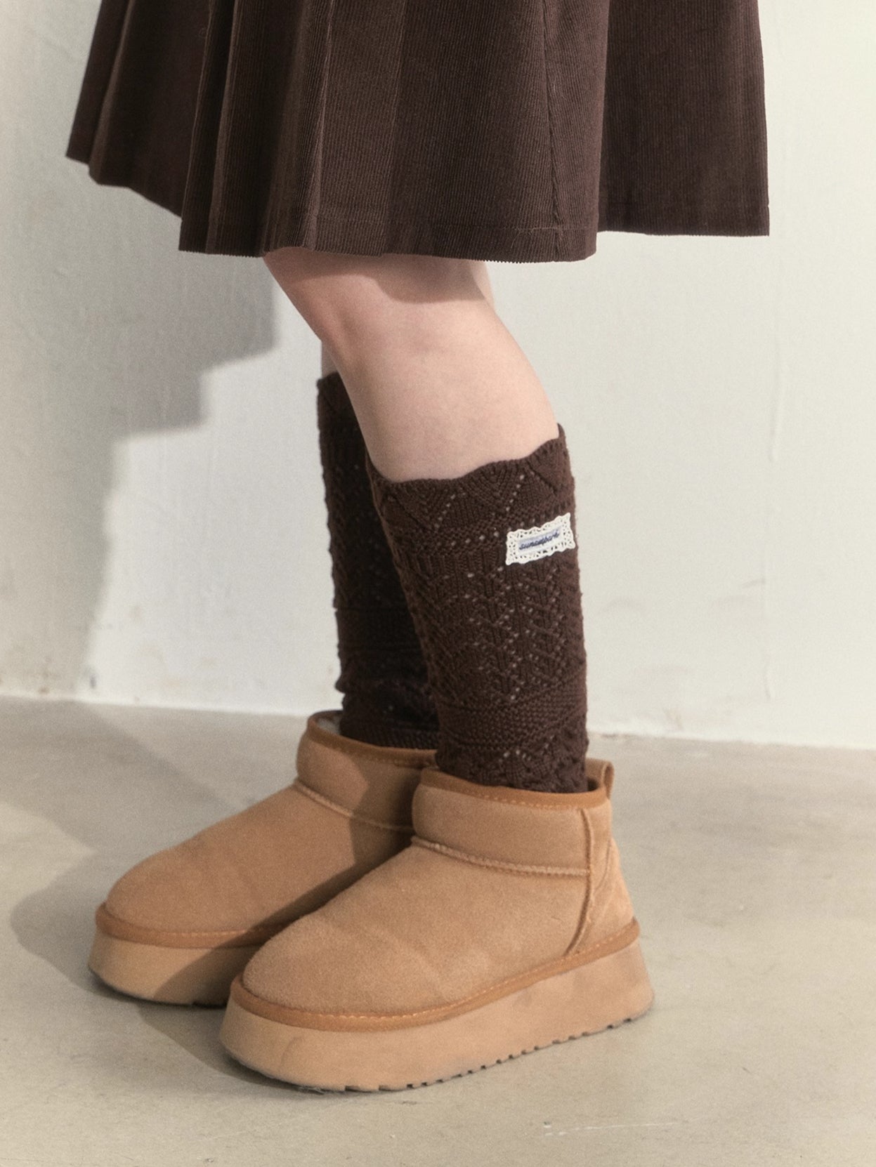 Wool-Blend Crochet Layered Knit Mid-Calf Socks
