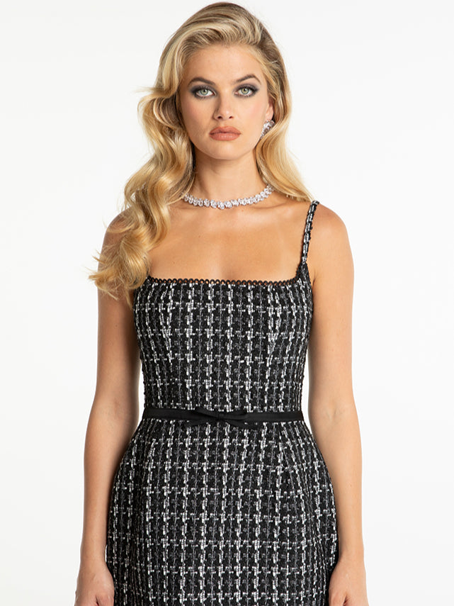 Tweed Strap Satin-Panel Mini Dress