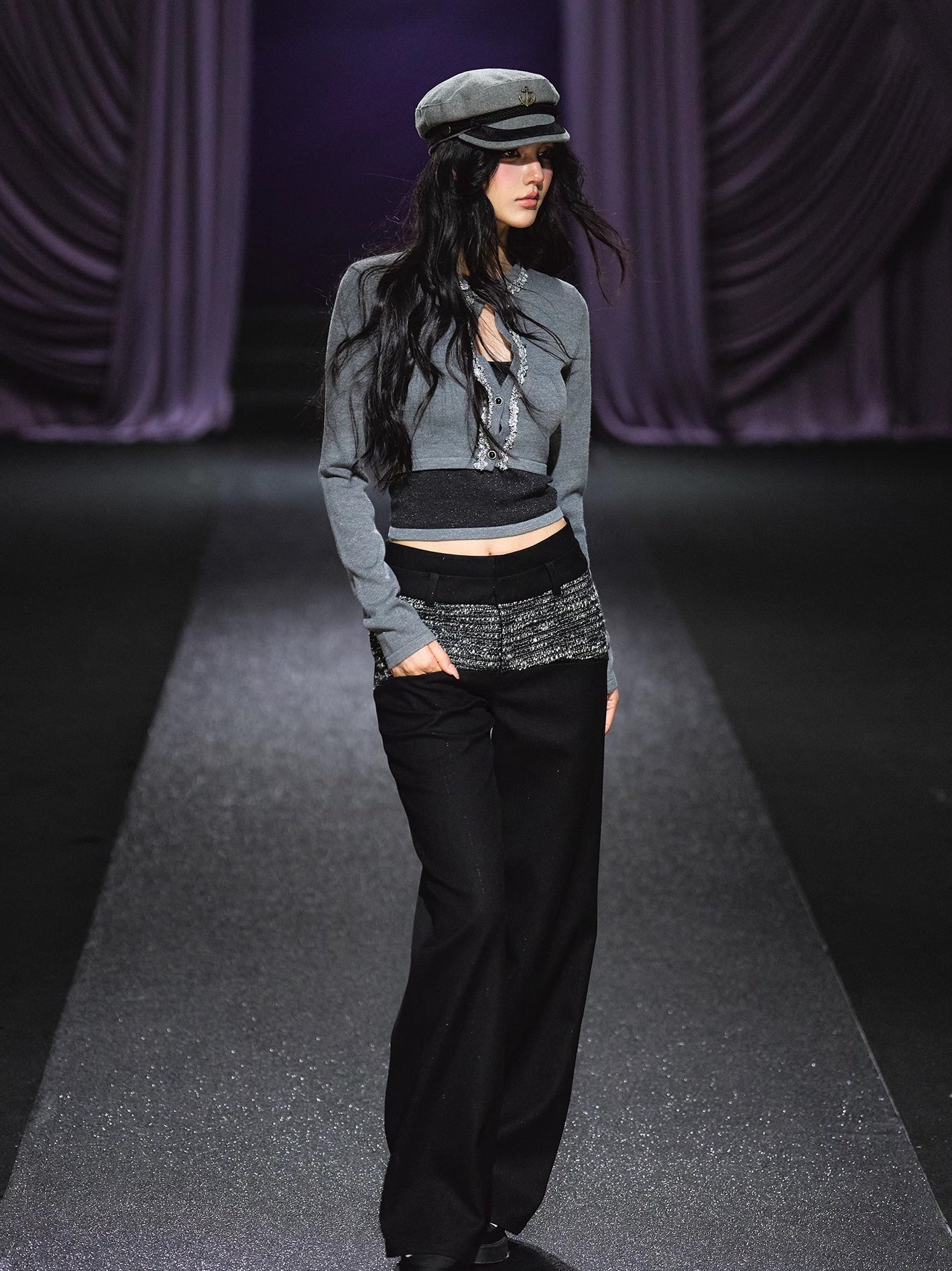 Contrast Waistband Tweed-Panel Straight Pants