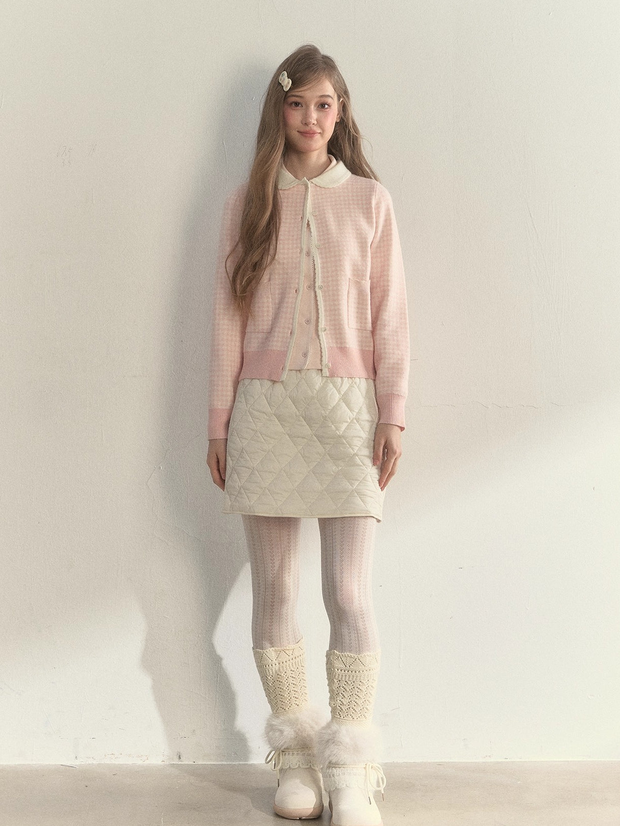 Sweet Pink Gingham Doll Collar Knit Cardigan