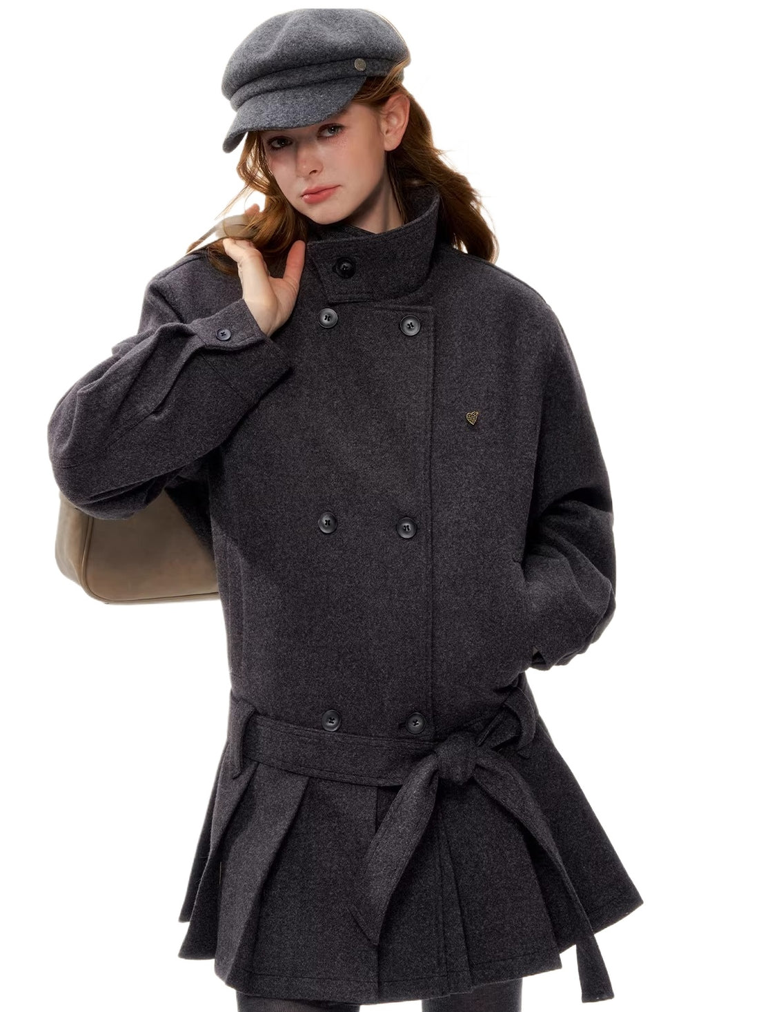 Pleated-Edge Down Wool-Blend Coat