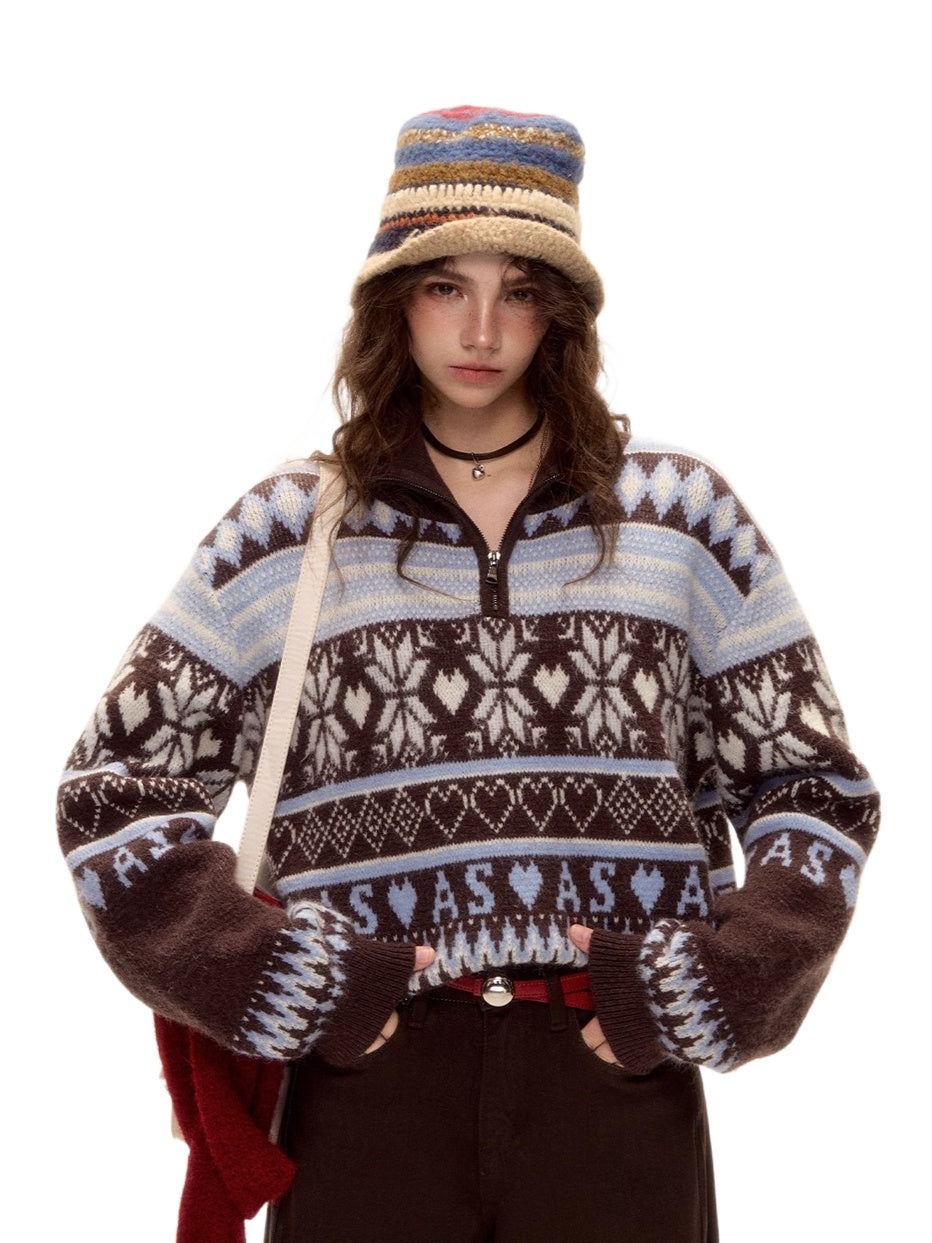 Vintage Fair Isle Half-Zip Fringe Hem Sweater