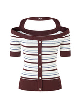 One-Shoulder Halter Neck Color-Block Striped T-shirt - CHINASQUAD