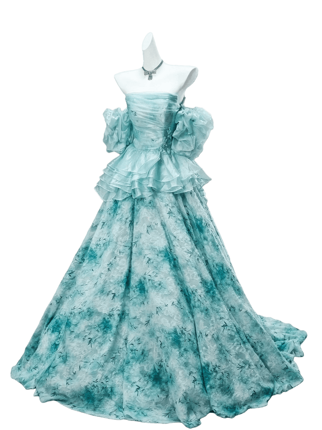 GULI Aqua Floral Tulle Gown with Ruffled Sleeves