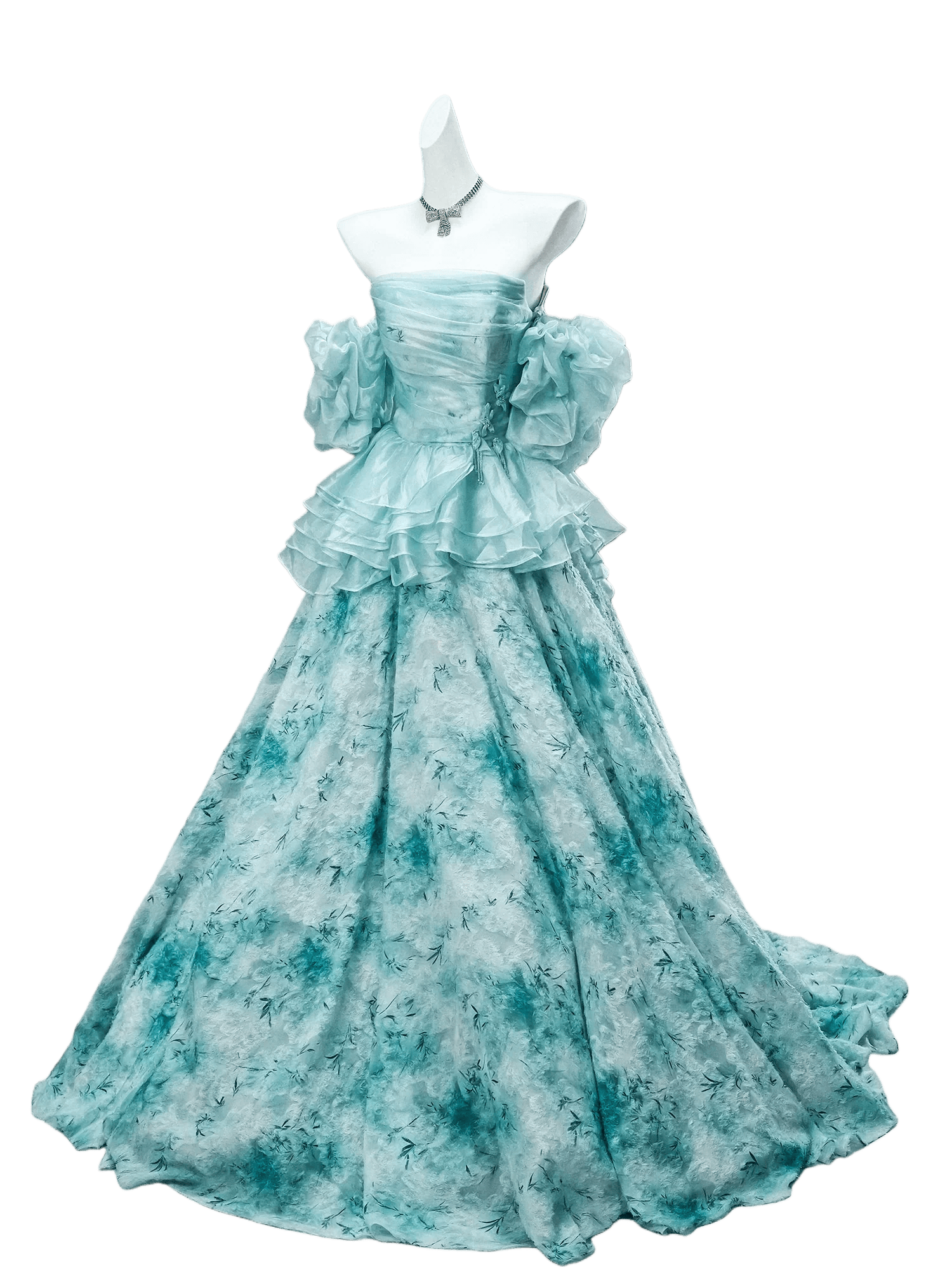 GULI Aqua Floral Tulle Gown with Ruffled Sleeves