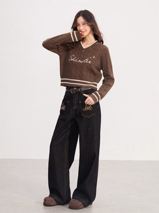 Embroidered Vintage Wide-Leg Denim Pants