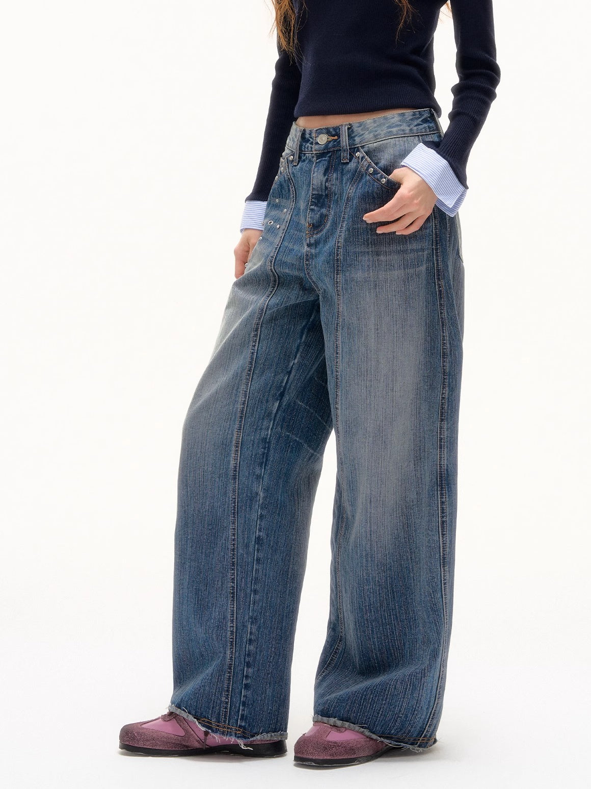 Studded Washed Wide-Leg Jeans