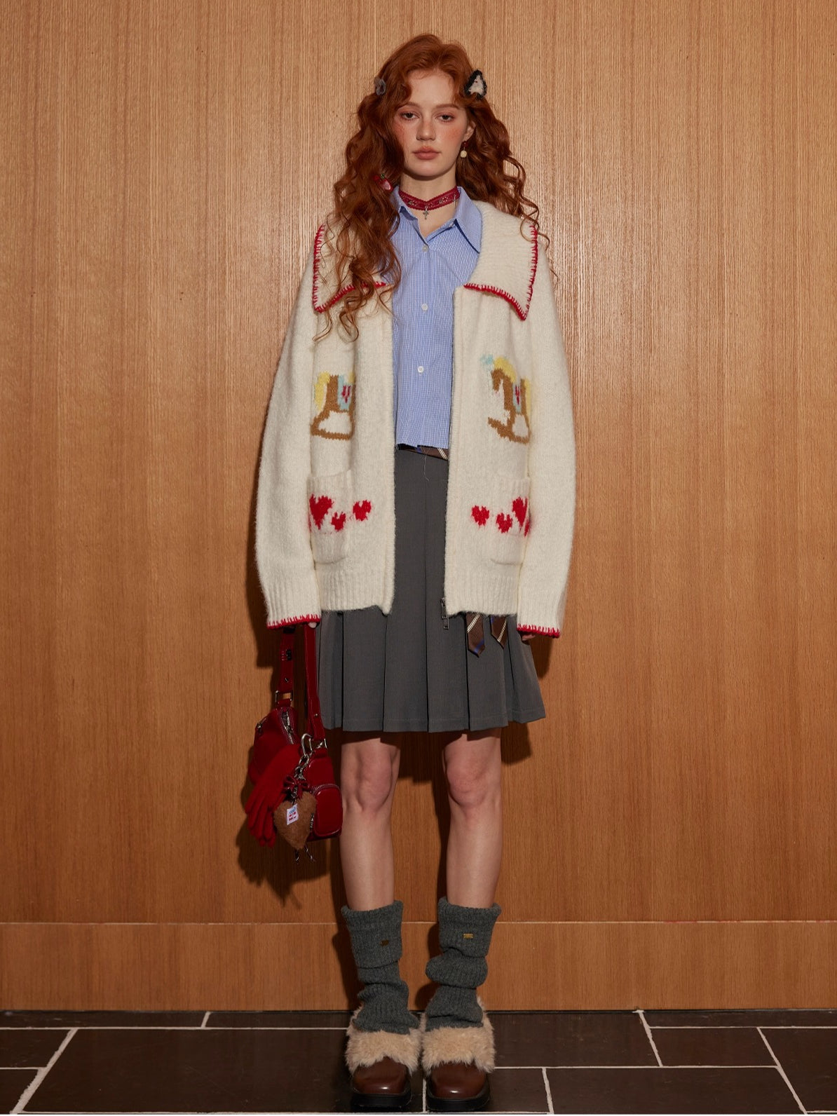 Contrast-Trim Pony Jacquard Zip-Up Knit Cardigan