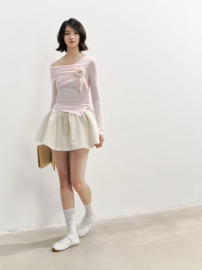 Asymmetric Shoulder Voluminous Ruched T-Shirt - CHINASQUAD