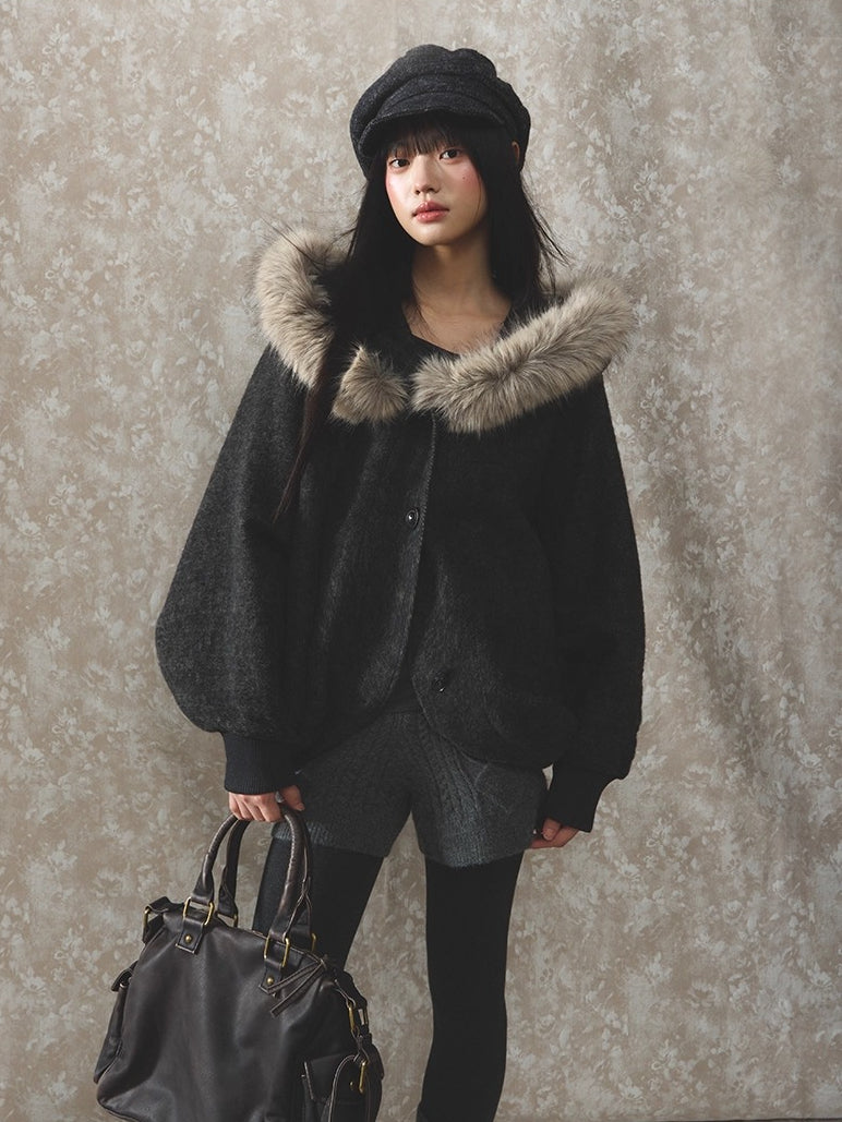 Fur Collar Wool-Blend Batwing Cape