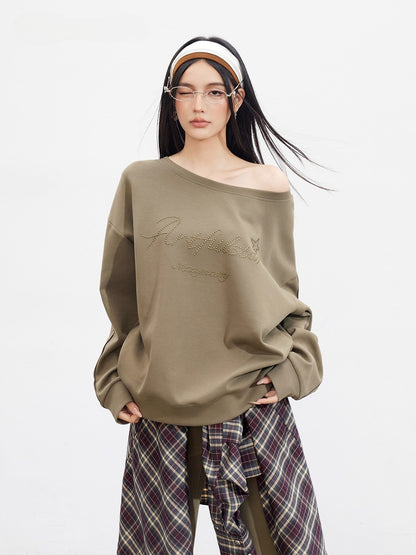 Studded Letter Off-Shoulder Sweatshirt