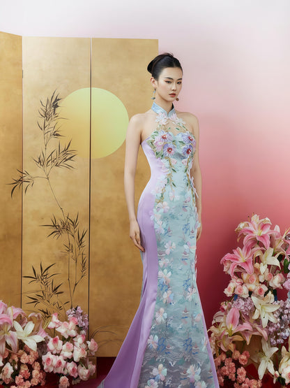 Jiangnan Bloom Embroidered Halterneck Gown with Draped Shawl