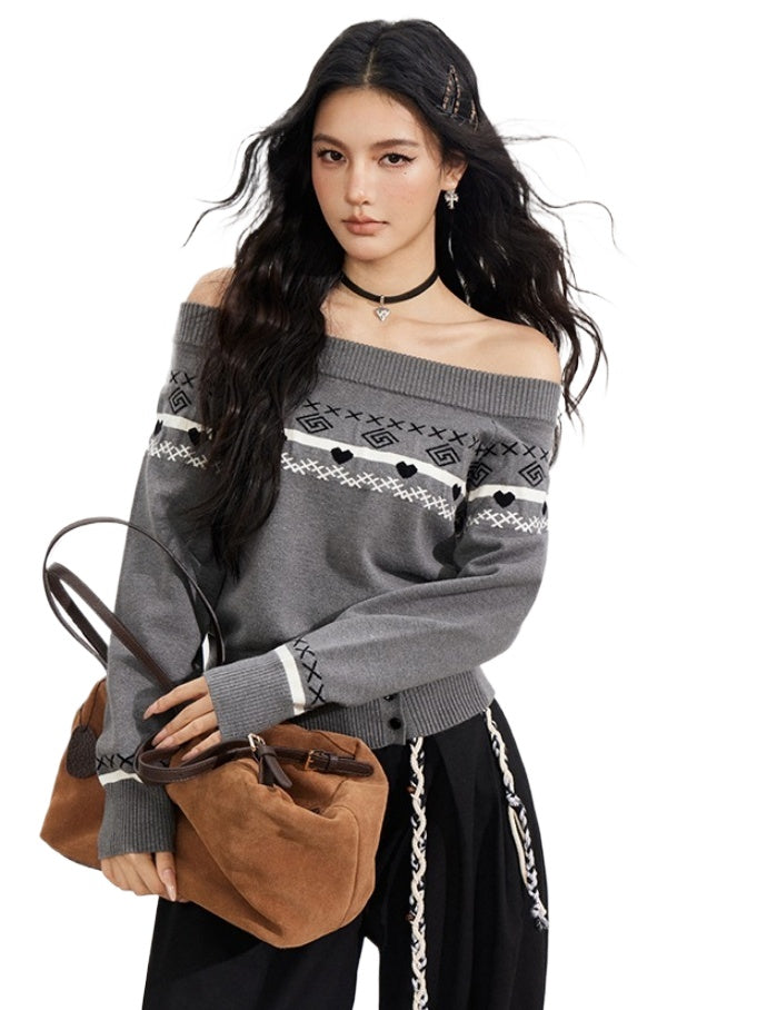 Fair Isle Off-Shoulder Knit Sweater