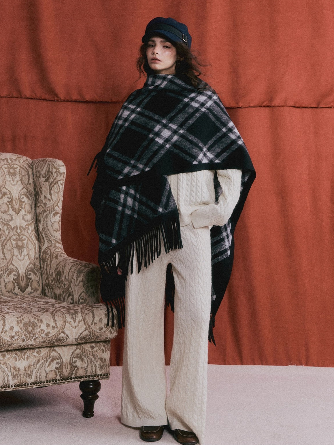 Vintage Plaid Tassel Cape Scarf