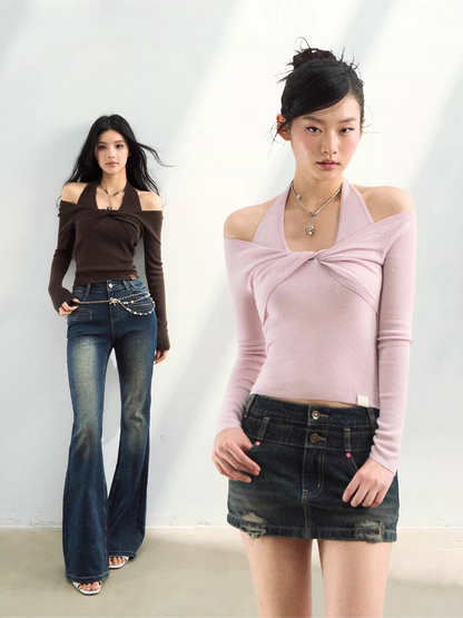 Off-Shoulder Halter Knit Top