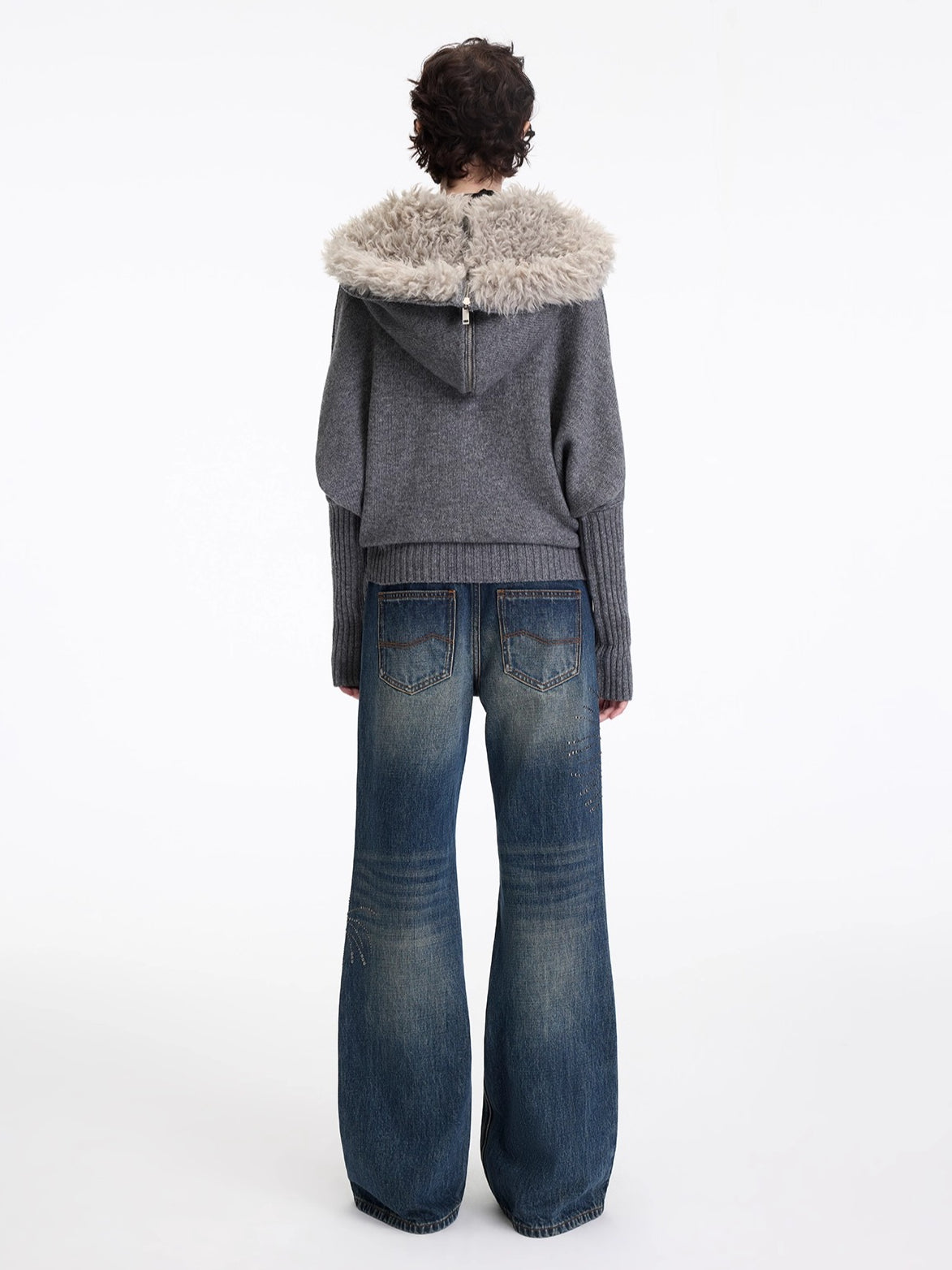 Wool-Blend Hooded Faux Fur Collar Knit Jacket