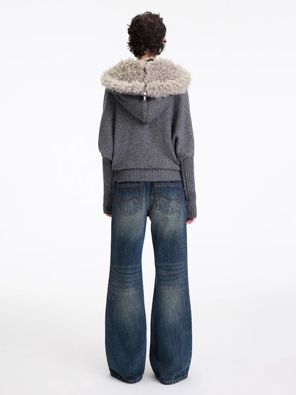 Wool-Blend Hooded Faux Fur Collar Knit Jacket
