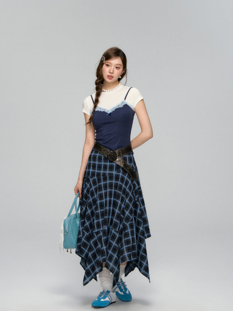 Fake Two Piece Lace Bow Short-Sleeve T-shirt