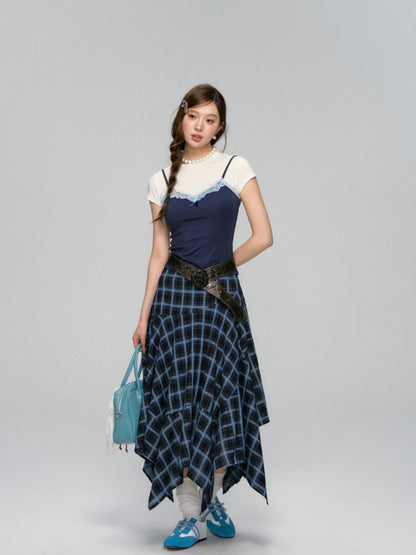 Fake Two Piece Lace Bow Short-Sleeve T-shirt