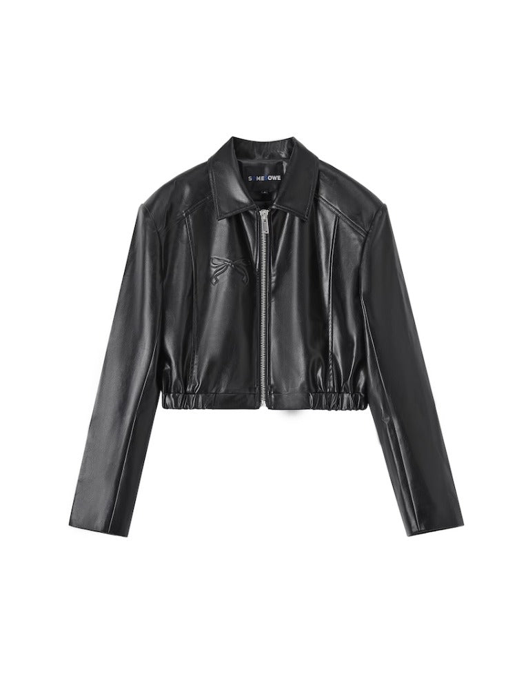 Black Butterfly Knot Faux Leather Moto Jacket