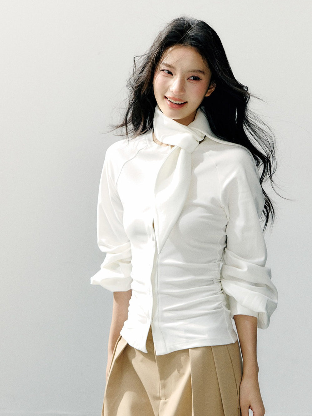 Scarf Collar Fitted Knit Long Sleeve Shirt