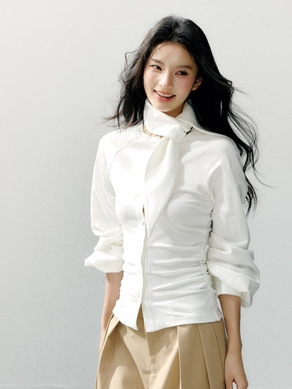 Scarf Collar Fitted Knit Long Sleeve Shirt