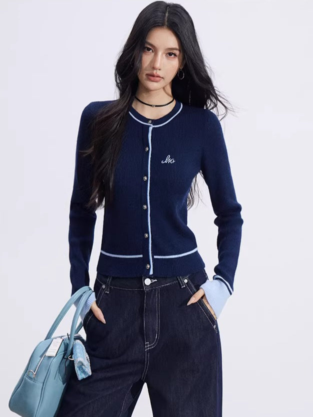 Contrast-Trim Slim-Fit Knit Cardigan