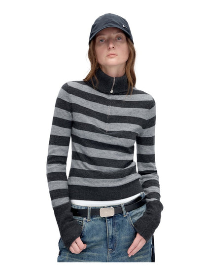 Striped Wool Blend Half-Zip Sweater