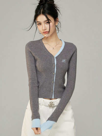 Contrast V-Neck Knit Cardigan