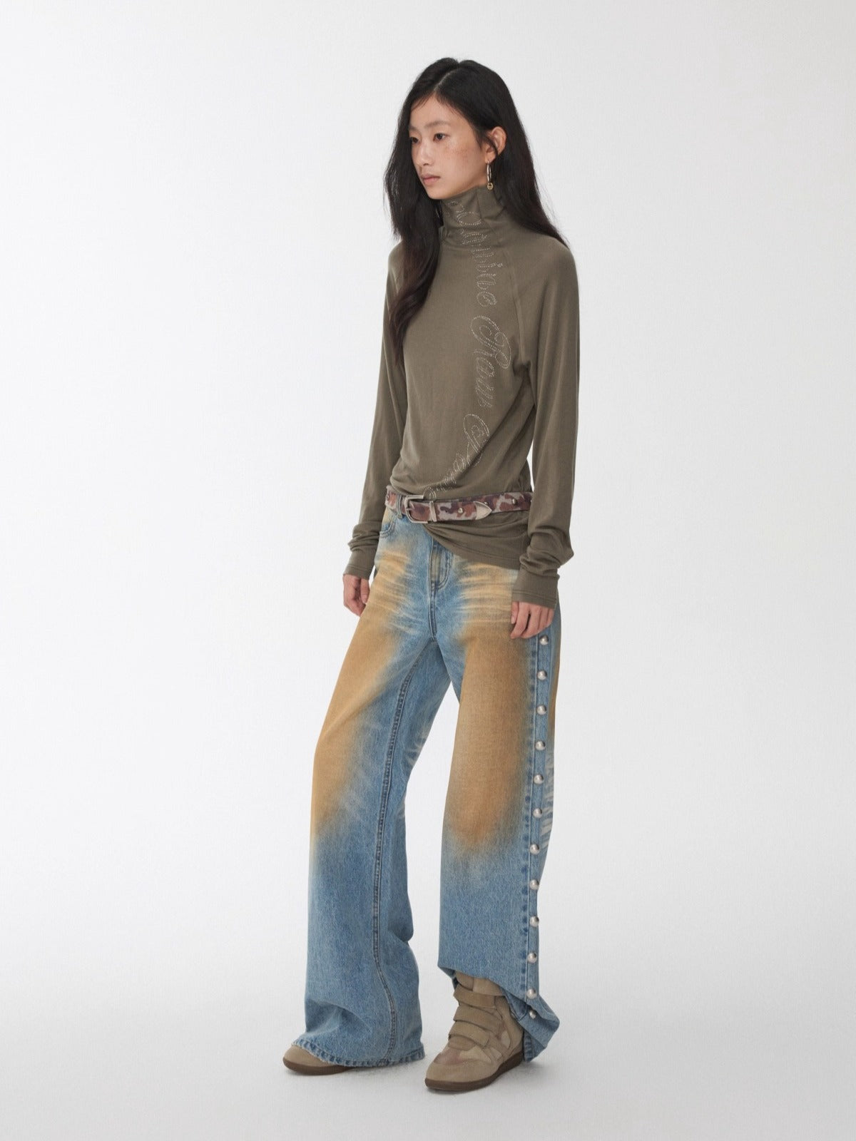 Rhinestone High-Neck Raglan Knit T-Shirt