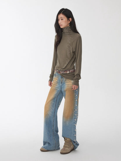 Rhinestone High-Neck Raglan Knit T-Shirt