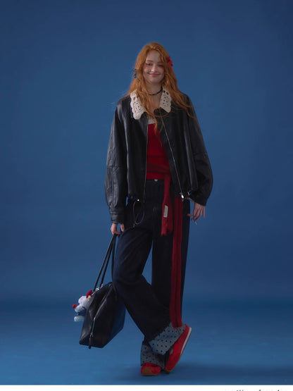 Detachable Collar Zip-Up Leather Jacket