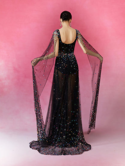 Midnight Sequin Illusion Cape Sleeve Gown