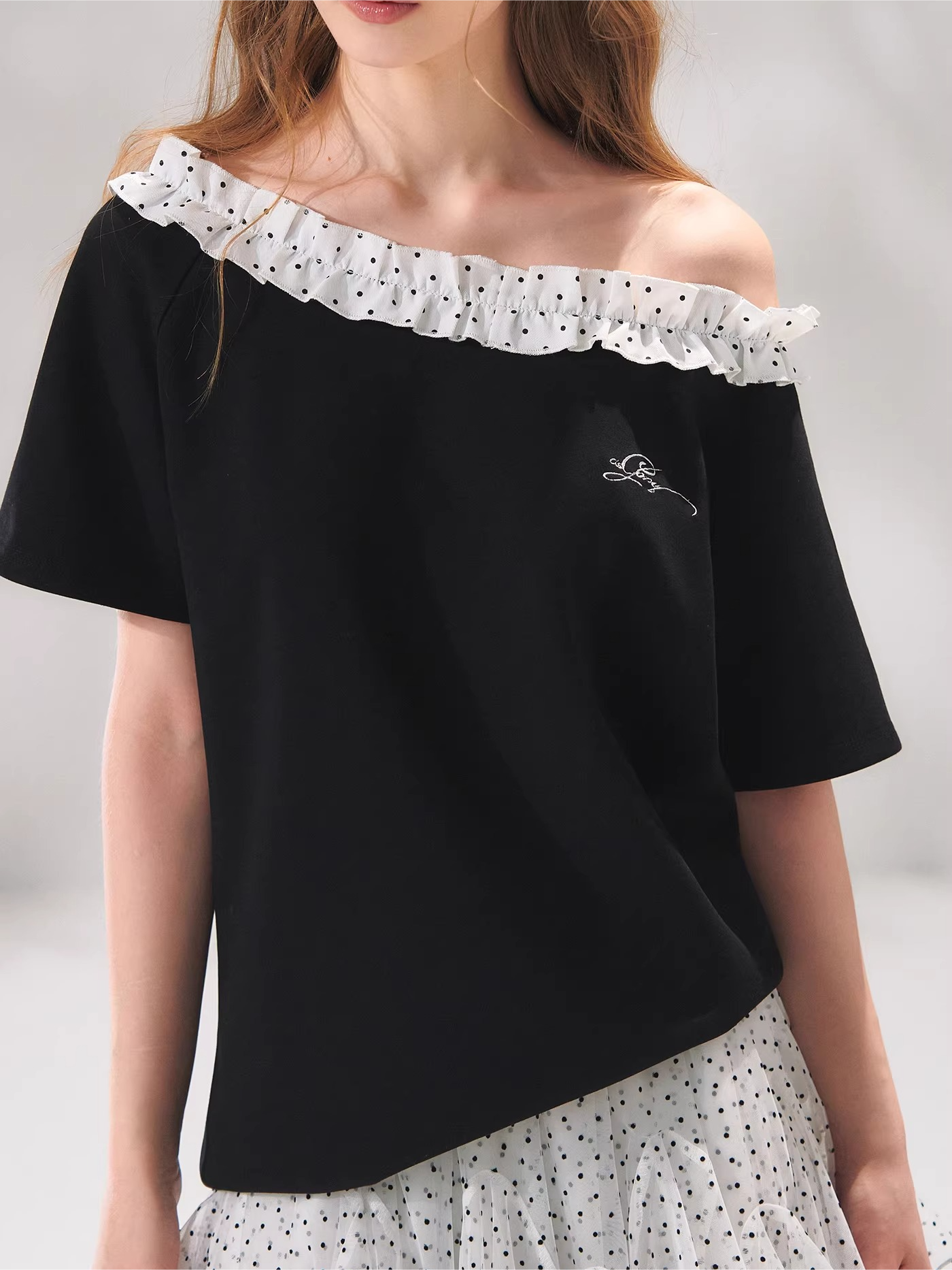 Polka Dot Ruffle Trim Off-Shoulder T-Shirt &amp; Tie-Waist Lounge Pants Set