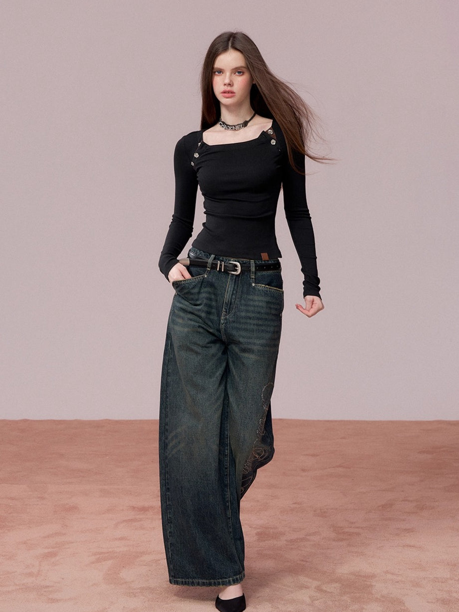 Embellished Rhinestone Vintage Wide-Leg Jeans