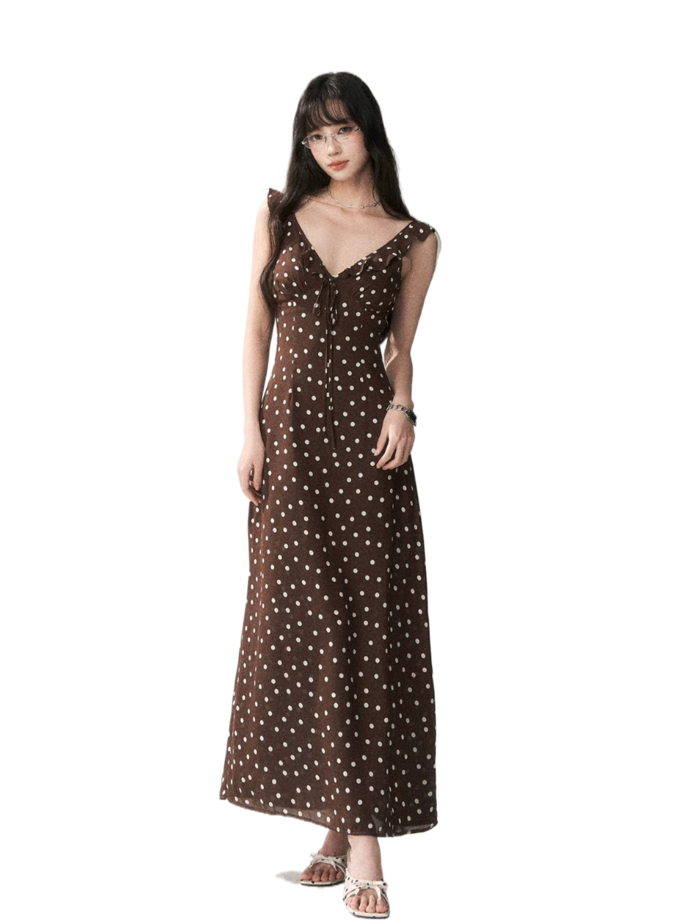 Chocolate Polka Dot French Slim-Fit Slip Maxi Dress