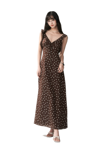 Chocolate Polka Dot French Slim-Fit Slip Maxi Dress