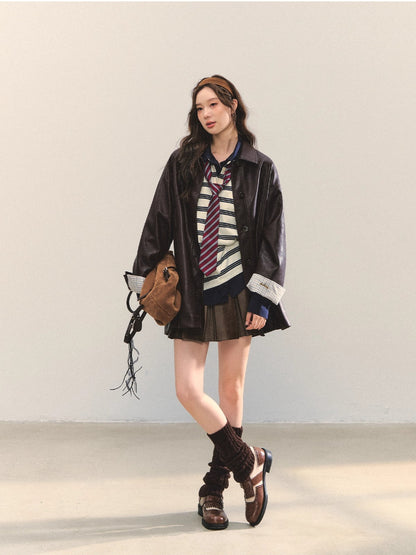 Coffee A-Line Belted Pleated Leather Skirt