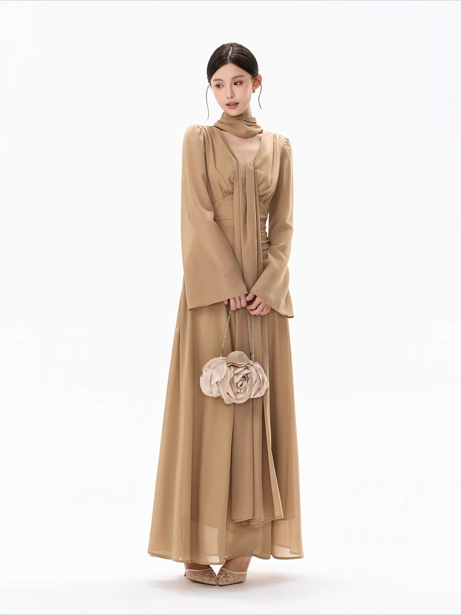 French Ribbon-Tie V-Neck Chiffon Maxi Dress Brown / S