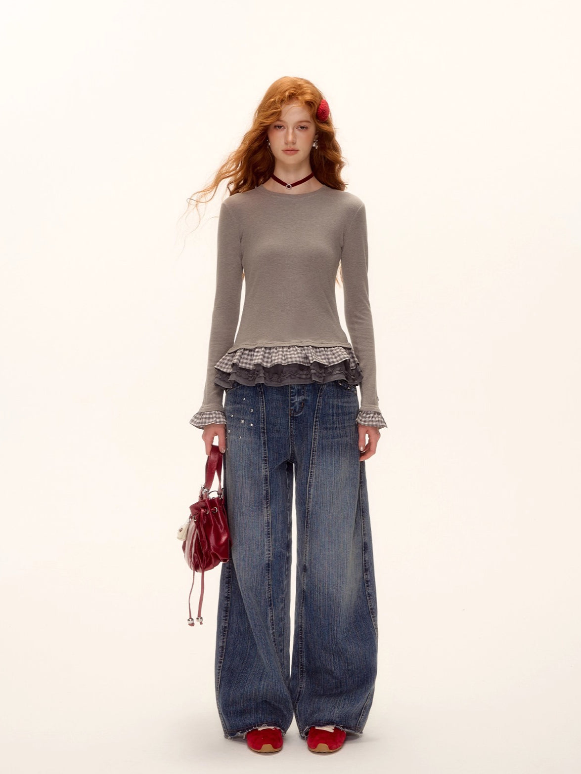 Tencel Wool Plaid Patchwork T-Shirt