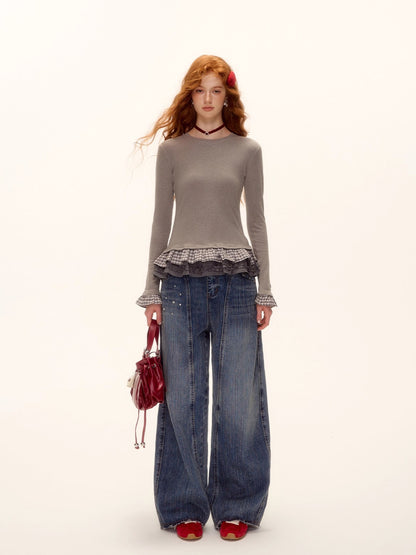 Tencel Wool Plaid Patchwork T-Shirt