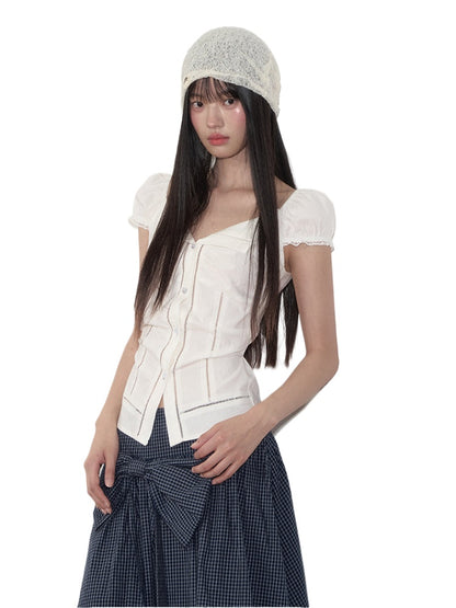 Lapel Waist-Cinching Lace Elastic Shirt