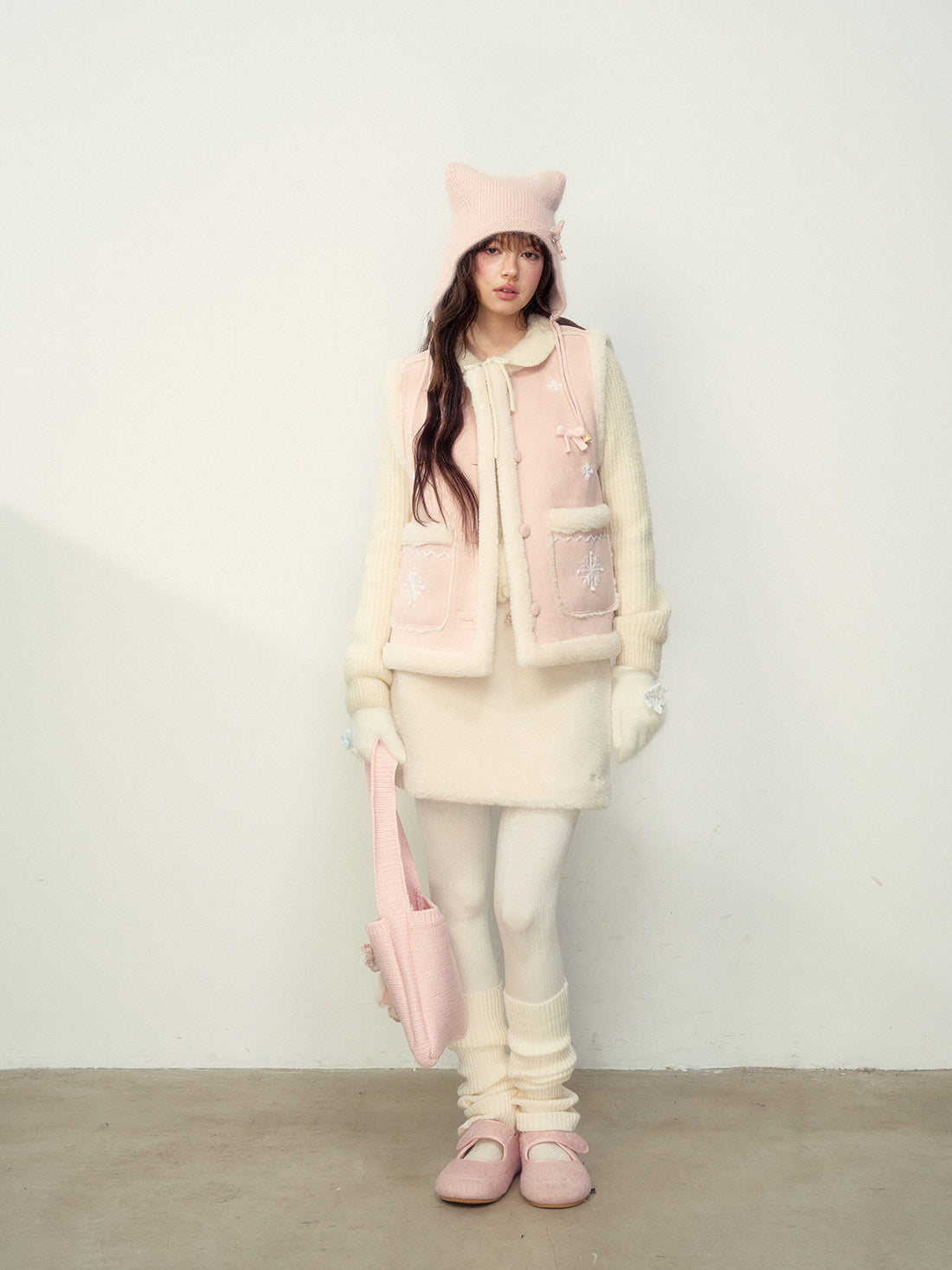 Pink Snowflake Embroidered Faux Shearling Vest