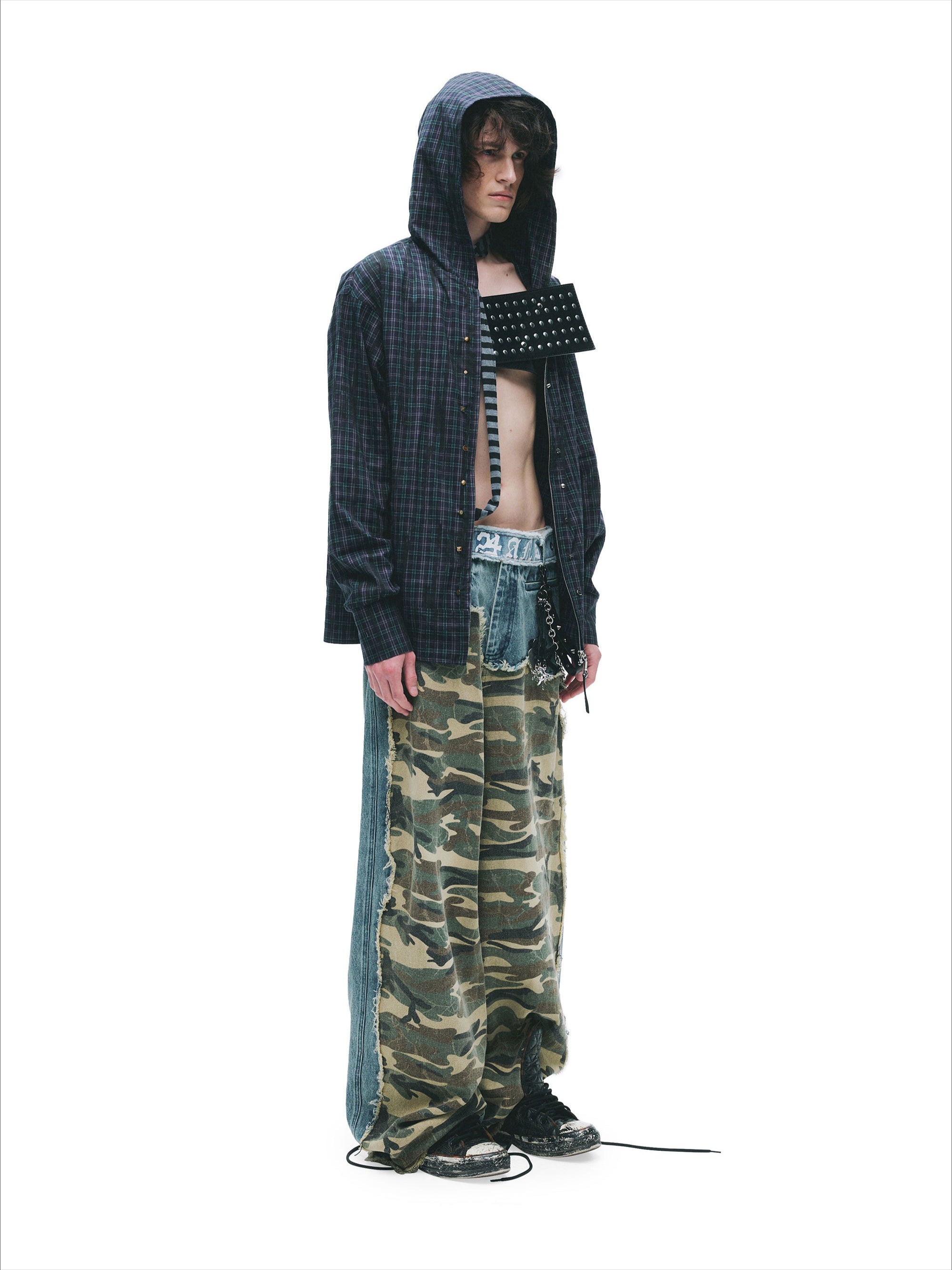 Distressed Studded Hooded Shirt