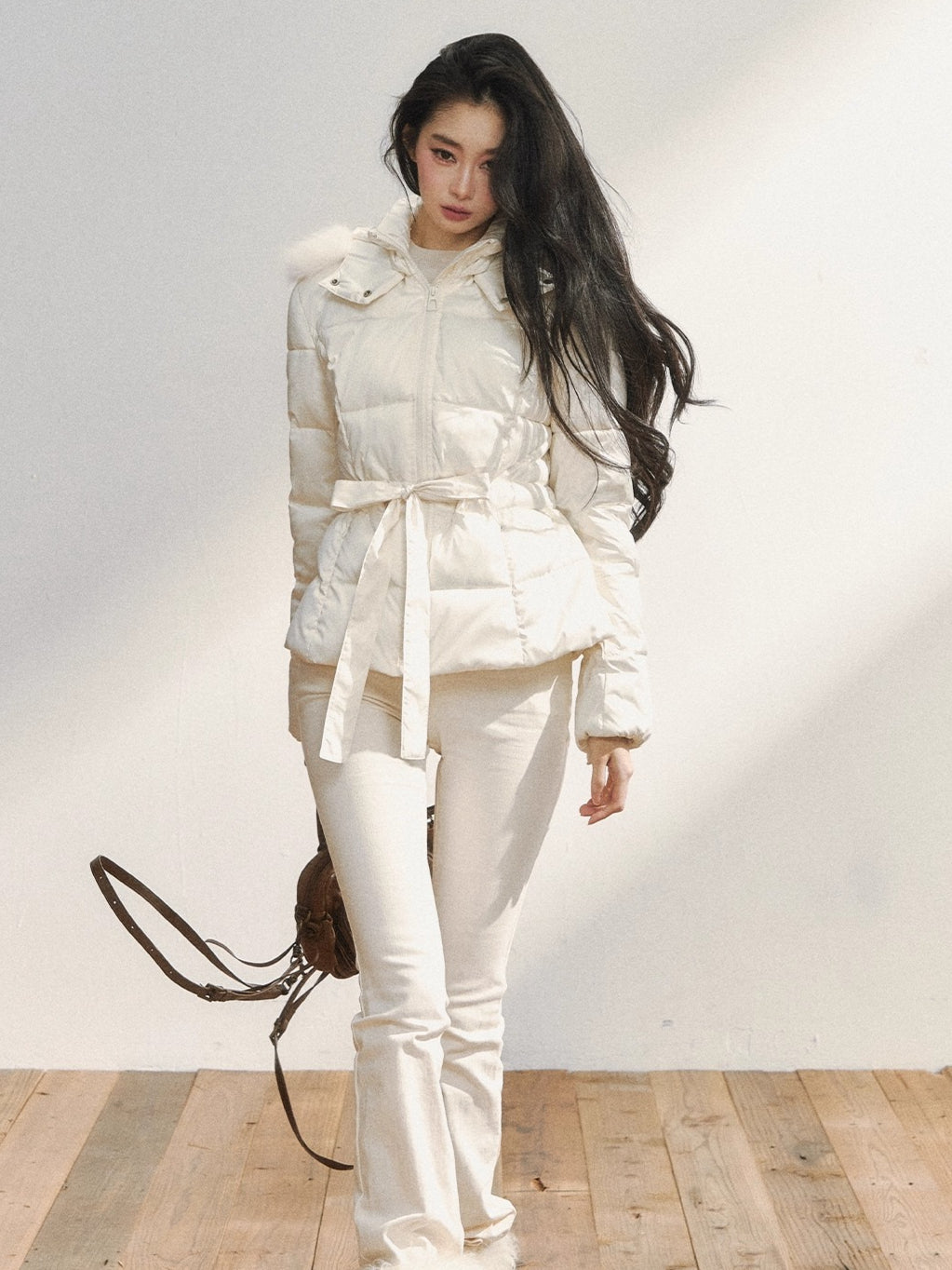 Two-Tone Belted Detachable Fur Hood Down Jacket