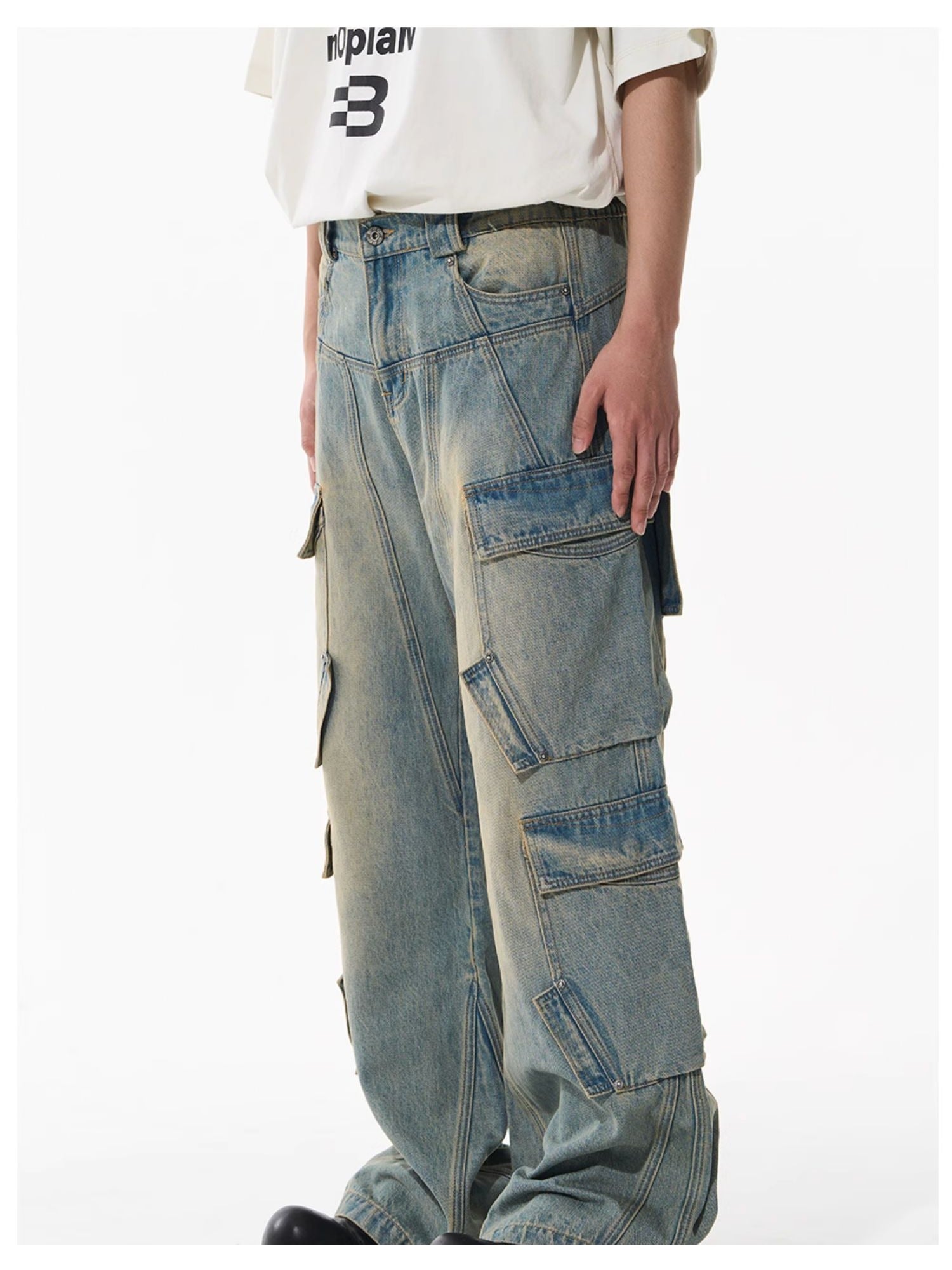 Washed Pocket-Panel Straight-Leg Denim Cargo Pants