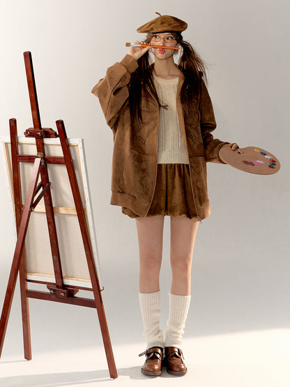 Bow Patchwork Suede Collar Jacket &amp; Skirt Set