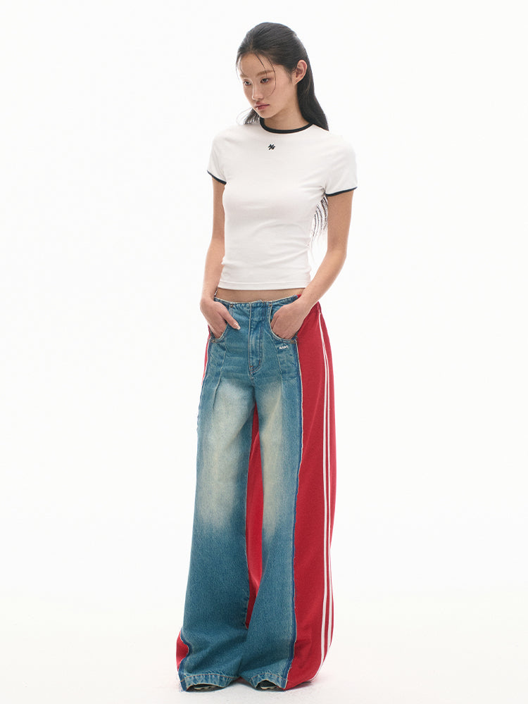 Elastic-Waist Color-Blocked Wide-Leg Pants