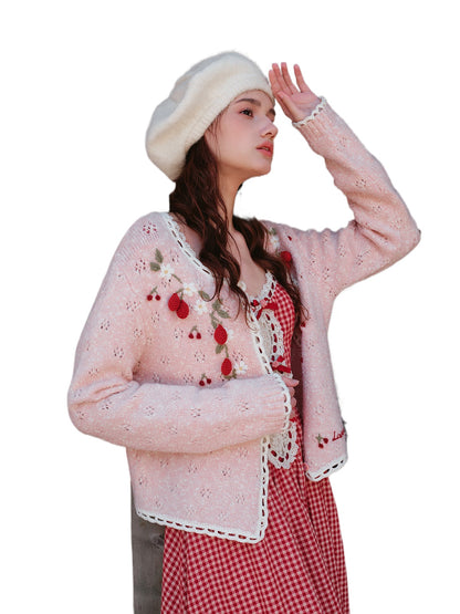French Preppy Pink Wool Knit Cardigan